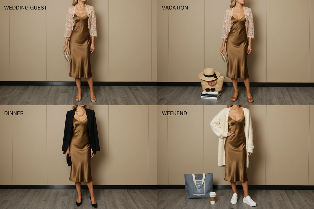 Silk slip dress styled for wedding guest, vacation, dinner, and weekend wear