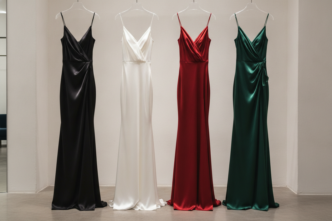 Black, white, red, and green silk dresses styled as a color guide for occasion and season