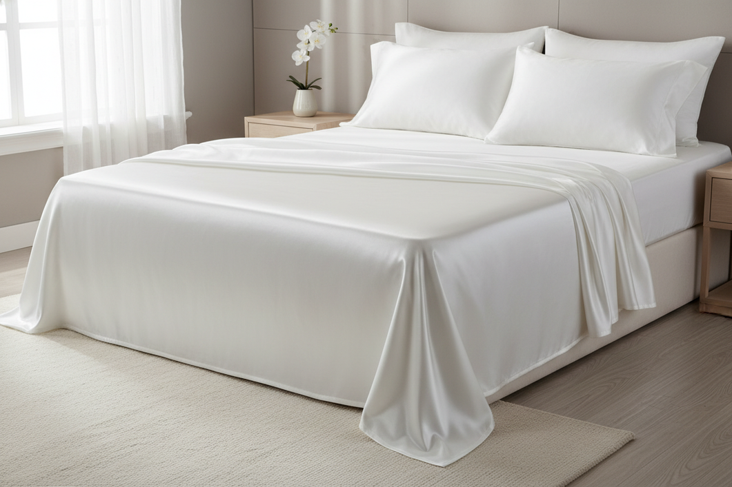 Silk sheet set arranged on a neatly made bed with a visible mattress depth fit check