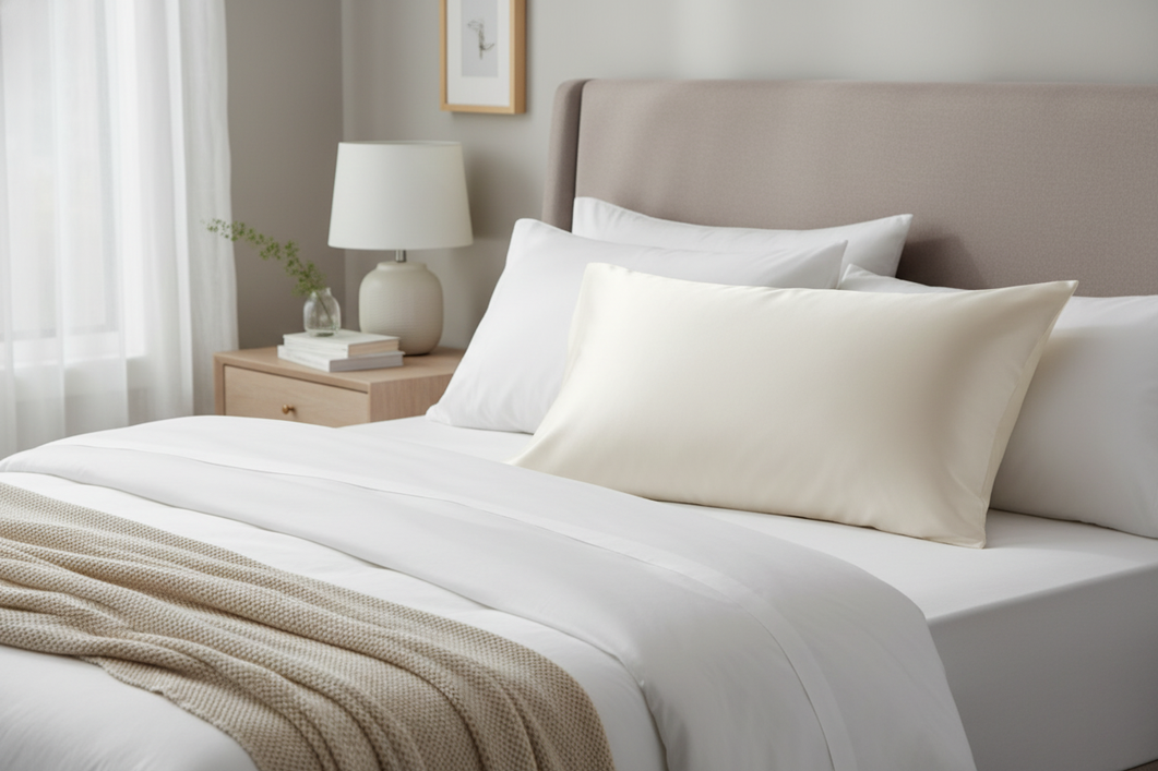 Silk pillowcase on a neatly made bed