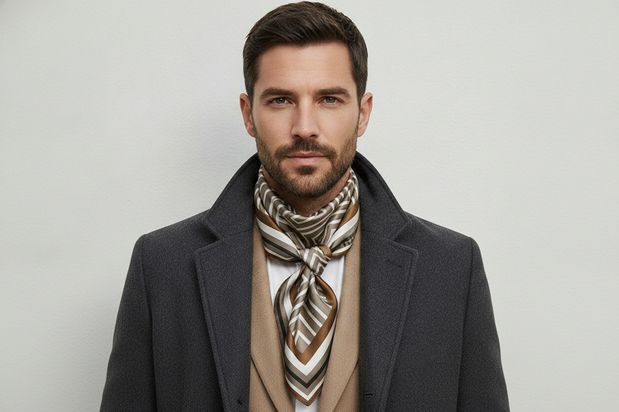 A man wearing a silk scarf with a blazer and overcoat in a polished, understated outfit