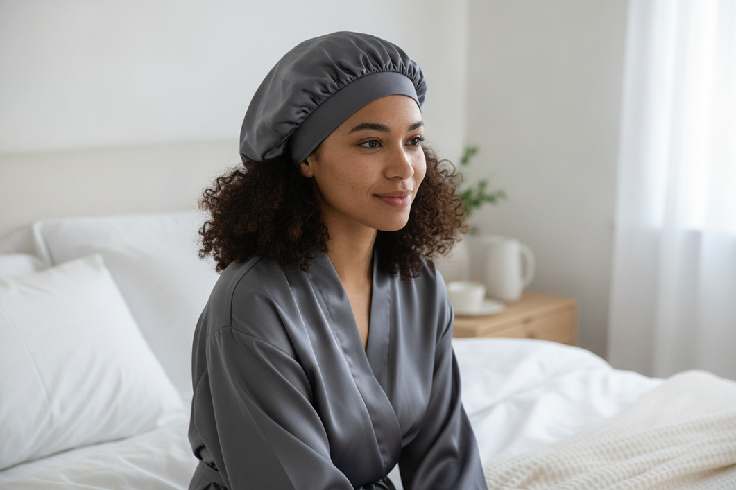 Woman with curly hair wearing a silk bonnet at bedtime