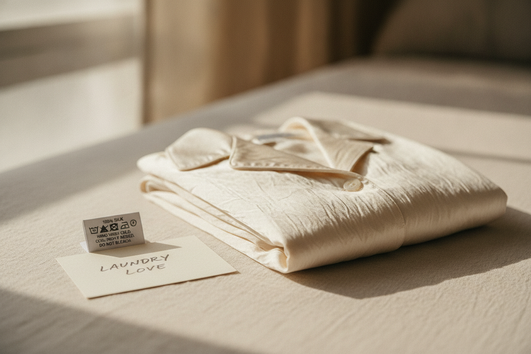 Machine-washable silk pajamas folded beside a care tag and wash instructions