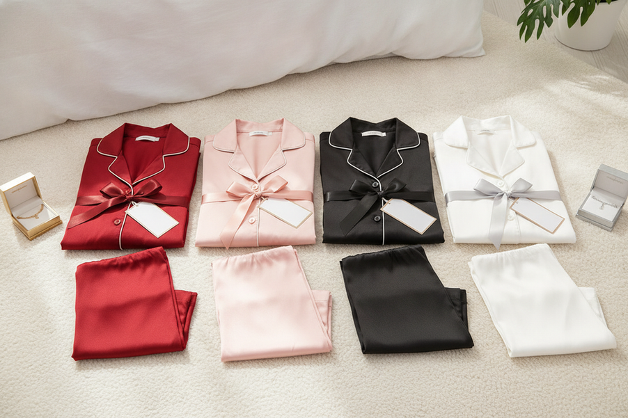 Silk pajama sets in red, pink, black, and white arranged for gifting and everyday styling decisions