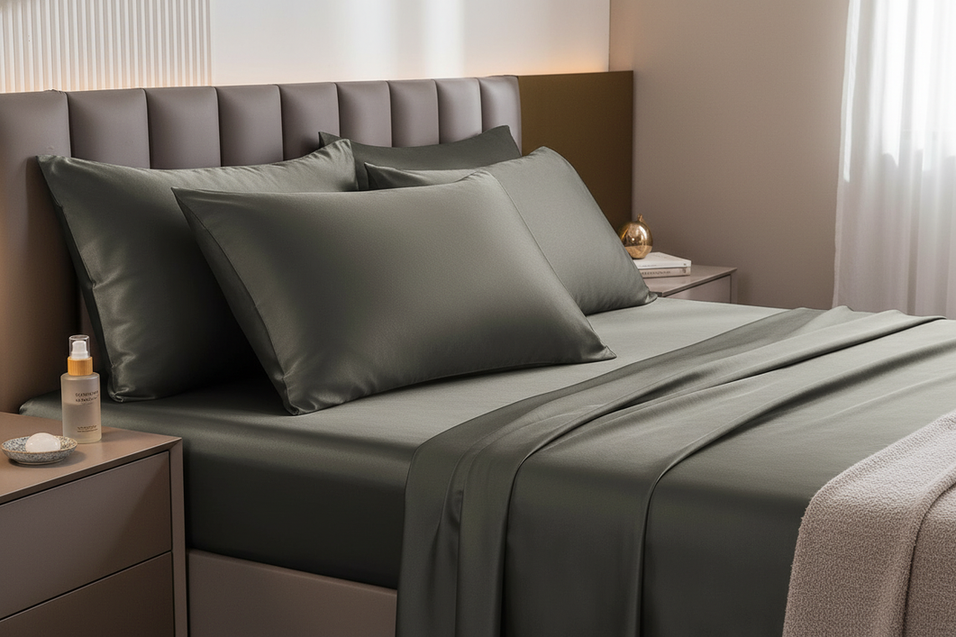 A silk pillowcase on a neatly made bed with a skincare bottle nearby