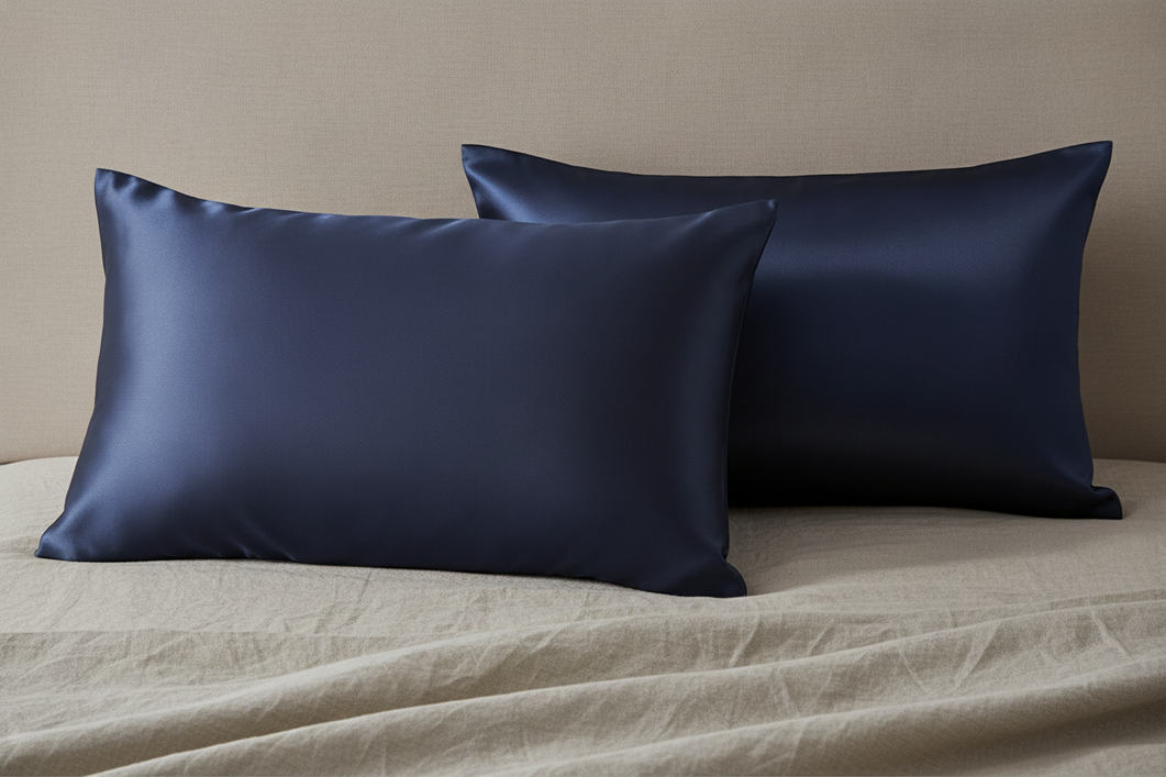 Close-up of pillowcase fabric textures comparing real silk and satin on a neatly made bed.
