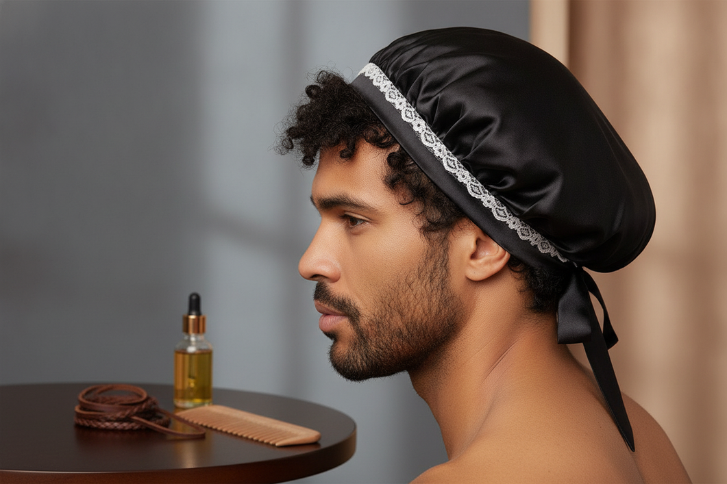 A silk bonnet for men laid out as an overnight hair protection accessory