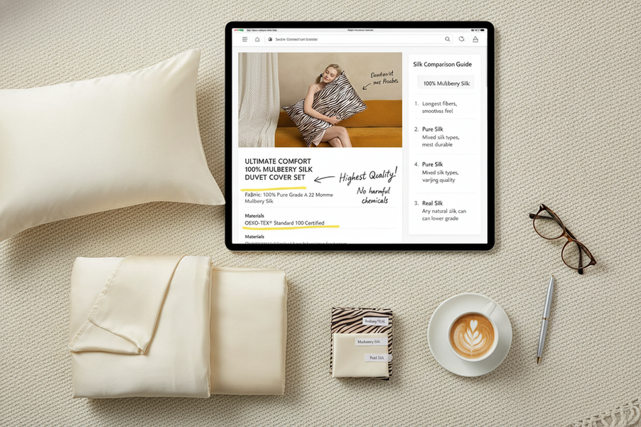 Silk label comparison notes beside a bedding product page