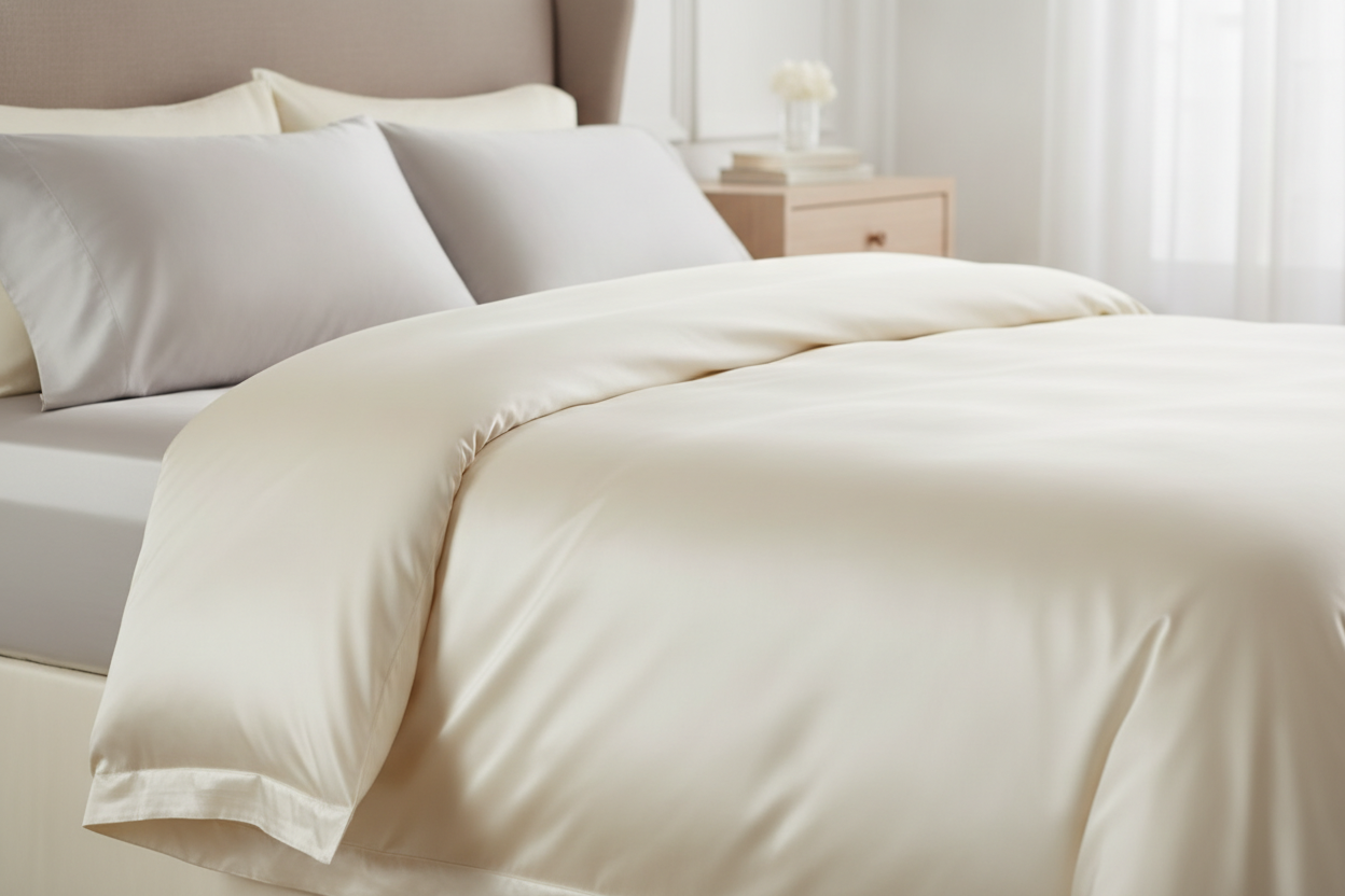 Mulberry silk charmeuse fabric with a glossy sheen and soft drape on a bed.