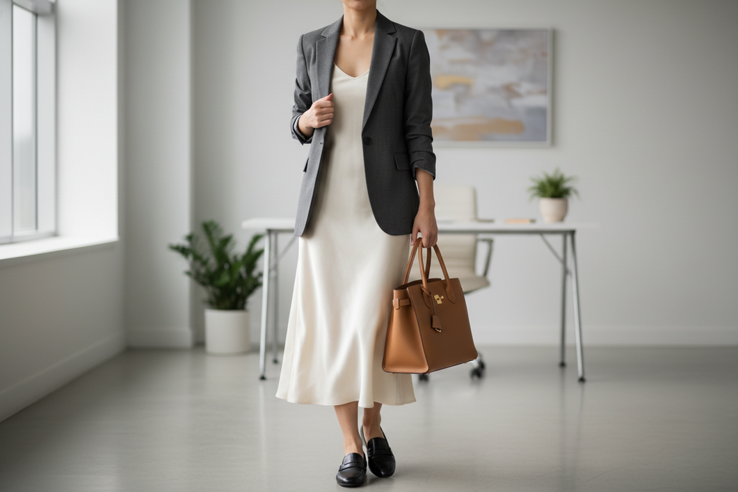 Silk dress styled for the office with a blazer, loafers, and a structured tote