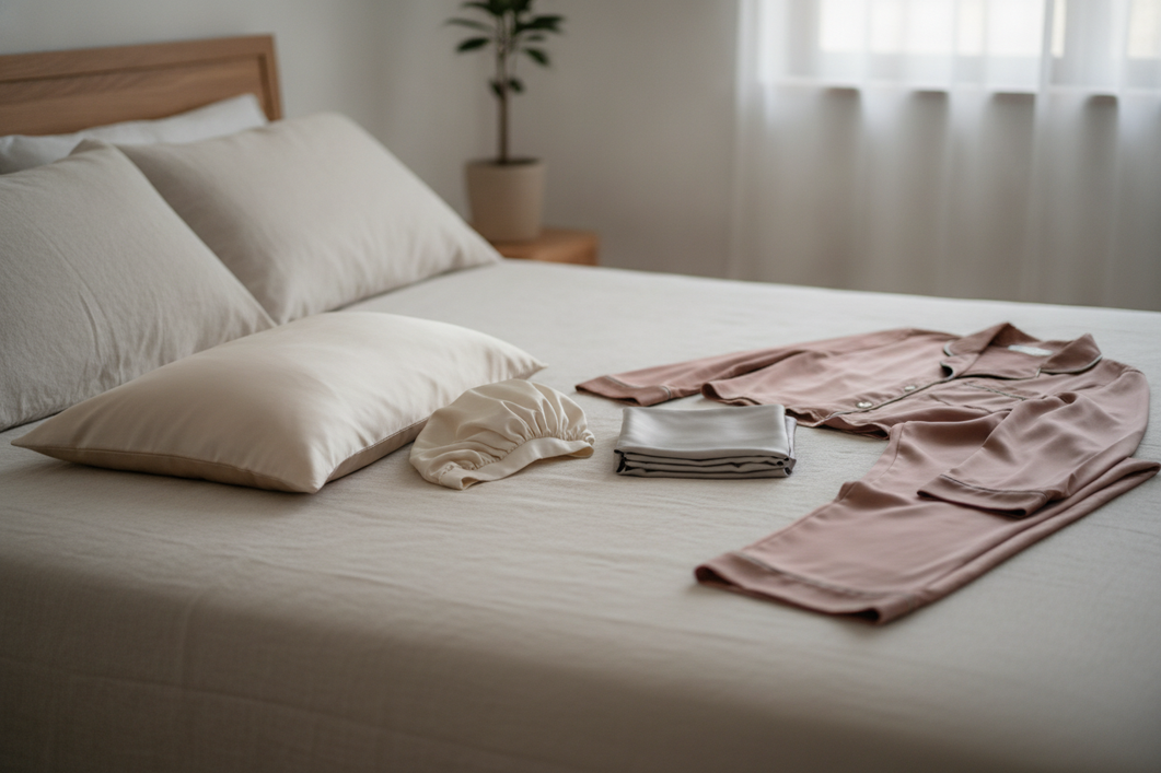 Silk pillowcase, silk bonnet, silk sheets, and silk pajamas arranged for a first-buy comparison