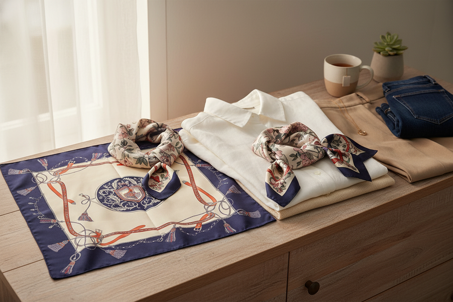 A styled wardrobe scene with silk scarves arranged as outfit accents.