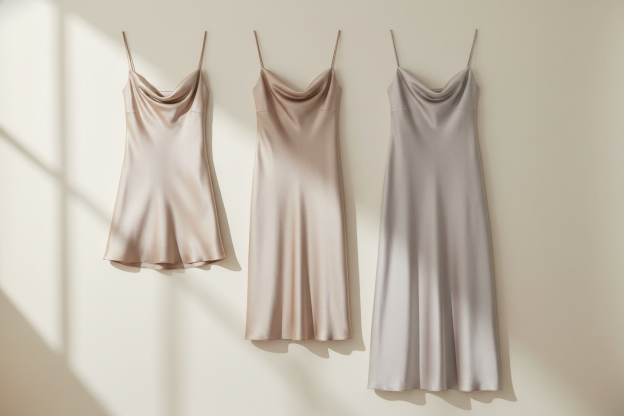 Three silk dresses in slip, midi, and maxi lengths shown side by side