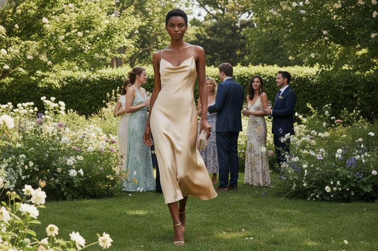 A woman in a silk midi dress at a summer wedding ceremony outdoors