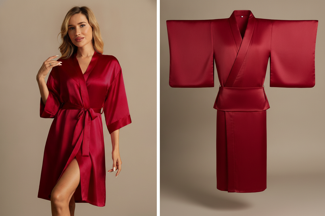 A neutral studio comparison of a silk robe and a silk kimono showing silhouette and drape differences.