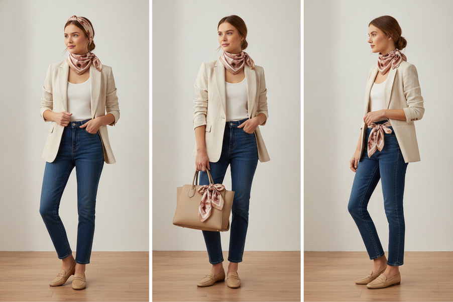 A square silk scarf styled as a headband, bag tie, and waist accent