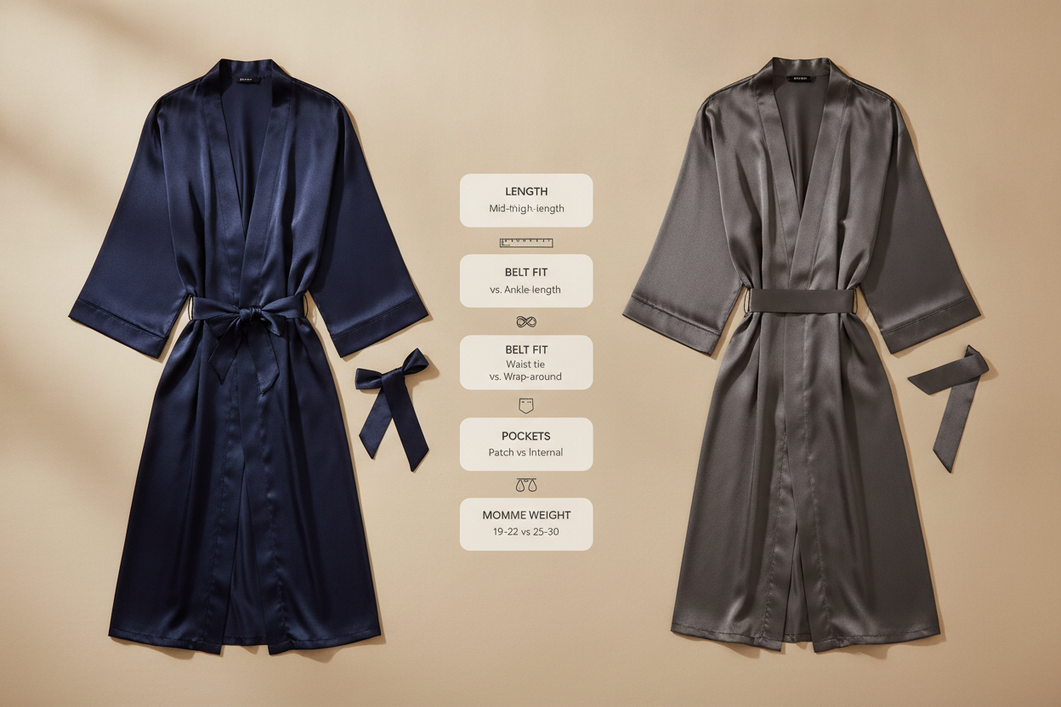 Men’s silk robe comparison laid out with length, belt, pockets, and fabric weight cues