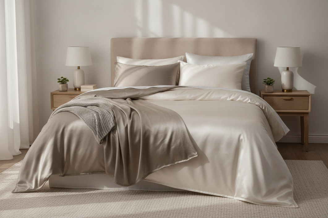 Real silk sheets and silk satin sheets layered on a bed in a calm bedroom