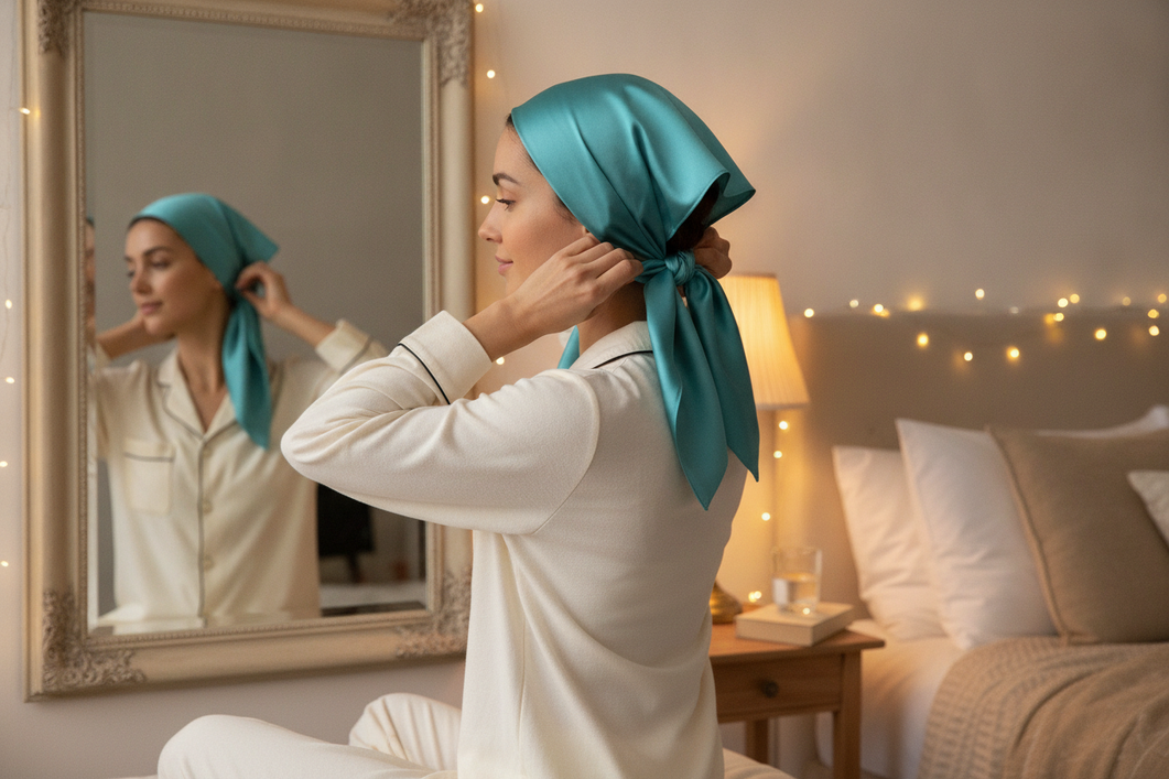 Woman tying a silk head scarf over smooth hair before bed