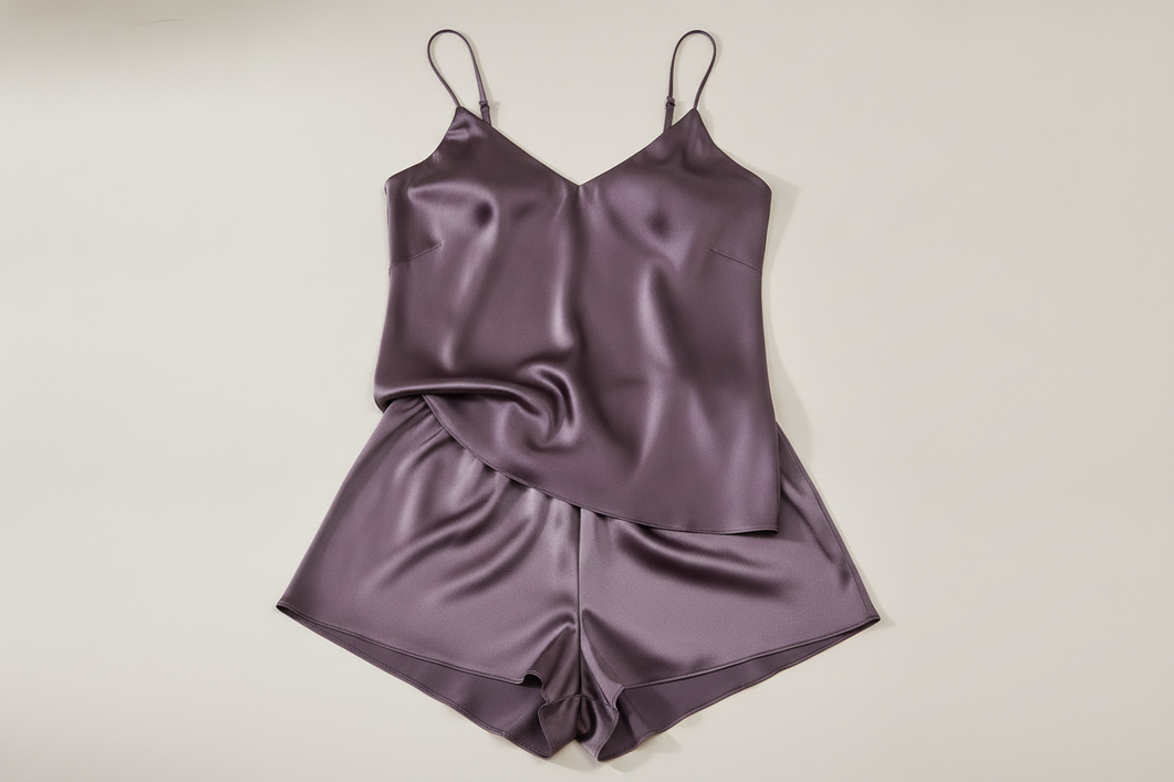 Plus size silk pajamas laid out with a smooth relaxed drape