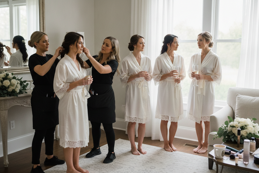Bridal party in silk robes getting ready before wedding photos