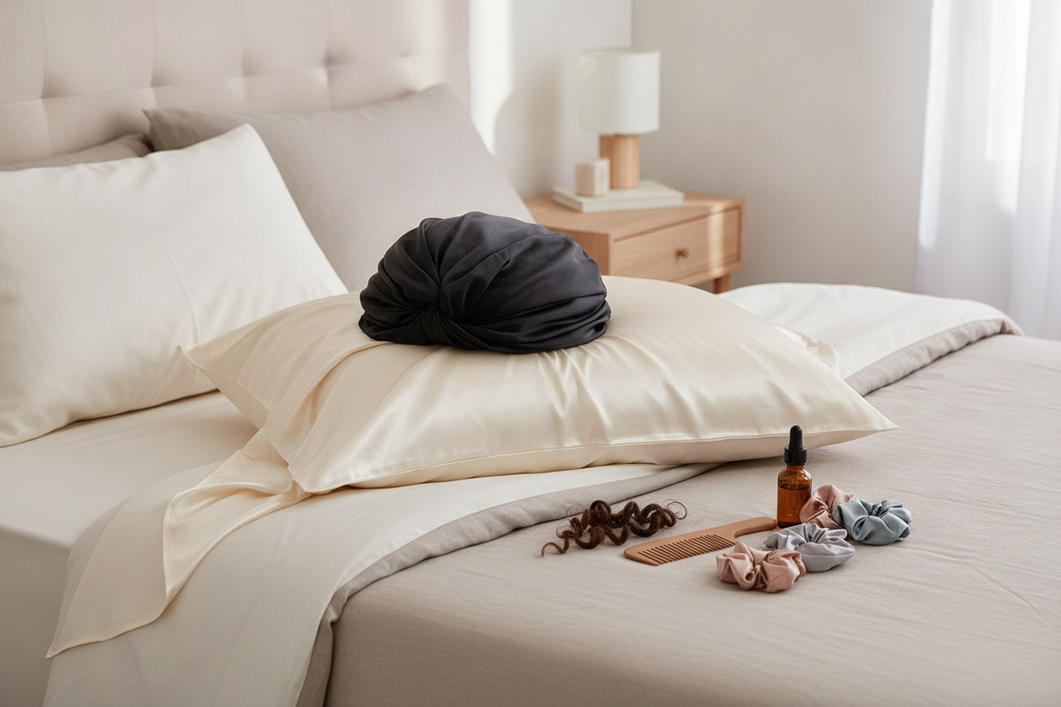 Silk pillowcase and silk bonnet beside curly hair care items on a bedside table