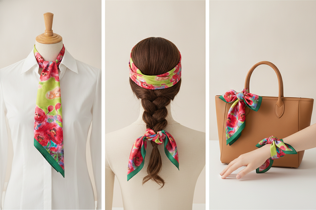 A versatile silk scarf styled in more than one way