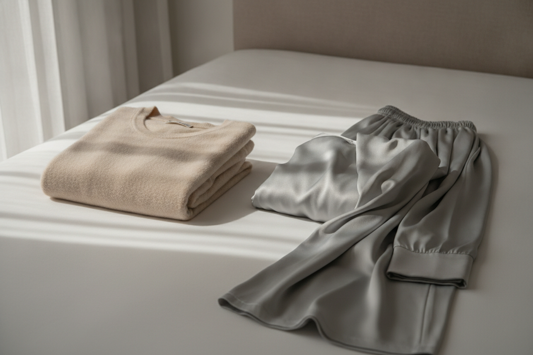 Silk pajama set and cashmere loungewear folded on a neutral bed