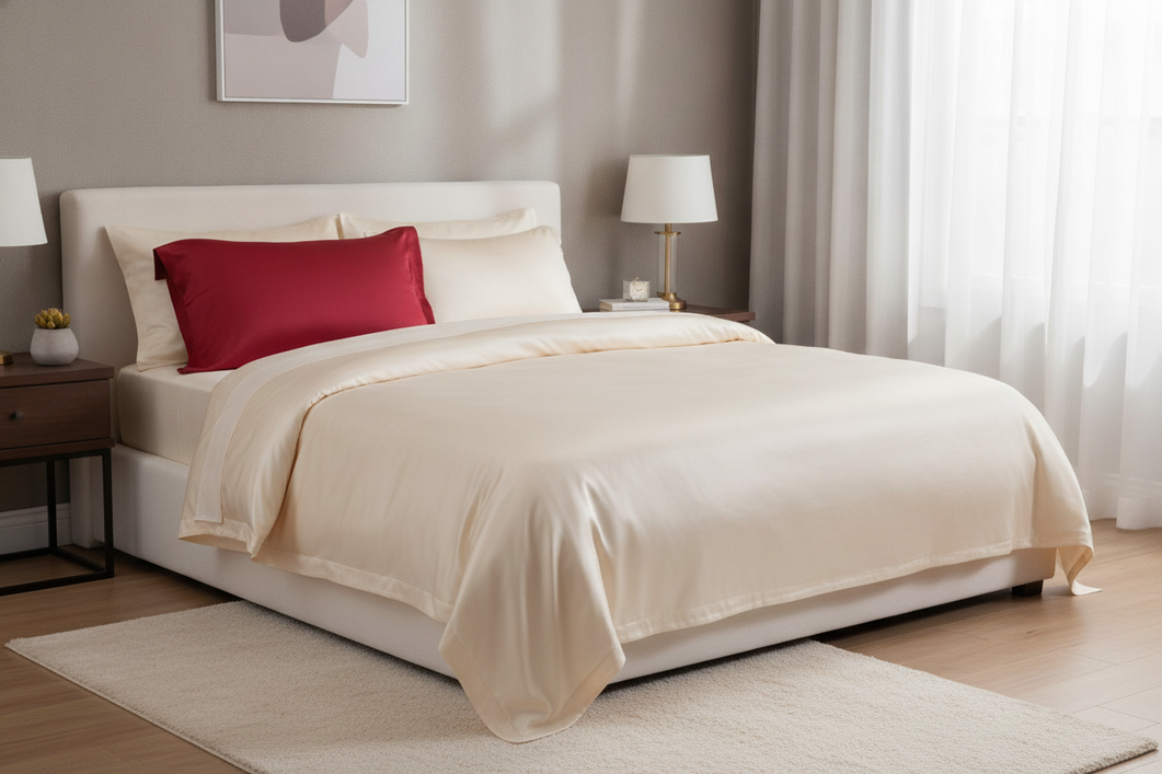 A serene bedroom with elegant silk bedding in a soft, calming color palette that creates a luxurious mood.