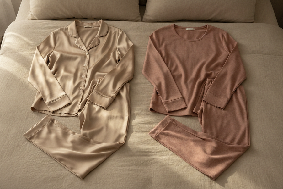 Silk and modal sleepwear laid out side by side