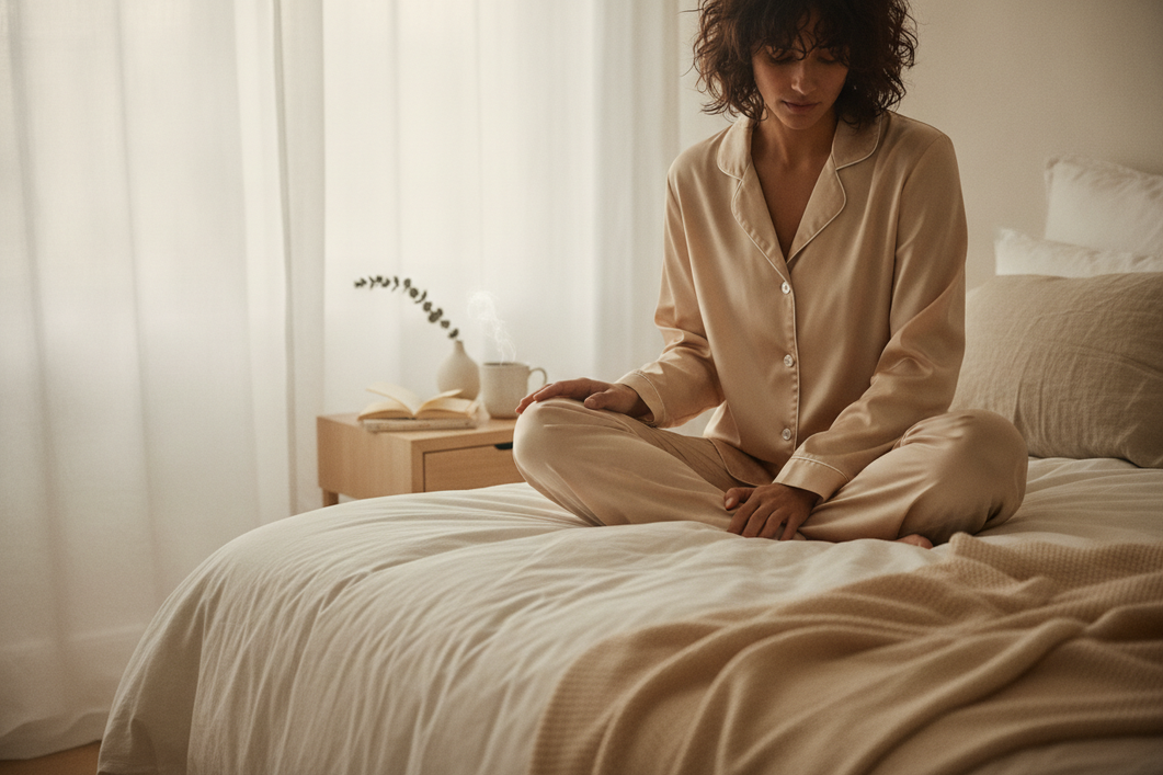 A romantic silk sleepwear scene with soft lighting and a relaxed editorial feel.