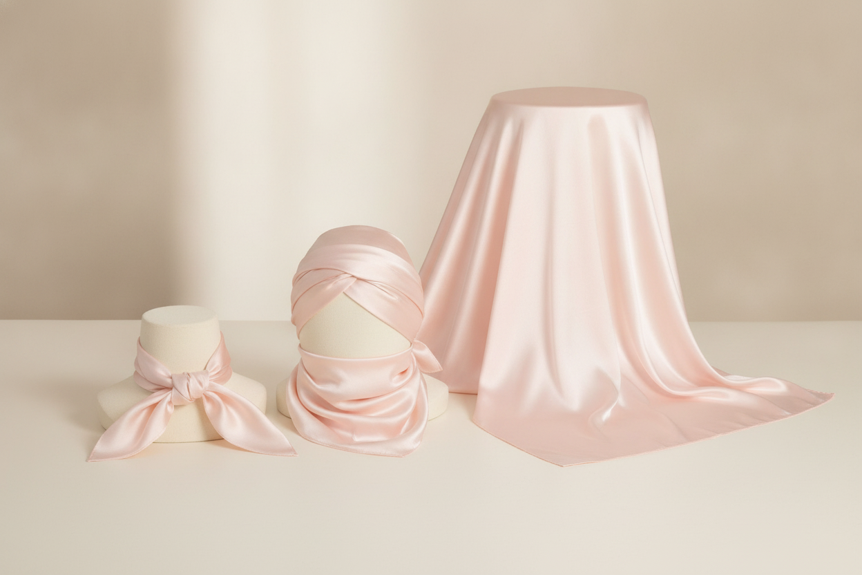 Three square silk scarves in 50cm, 70cm, and 90cm sizes styled for neck and hair use