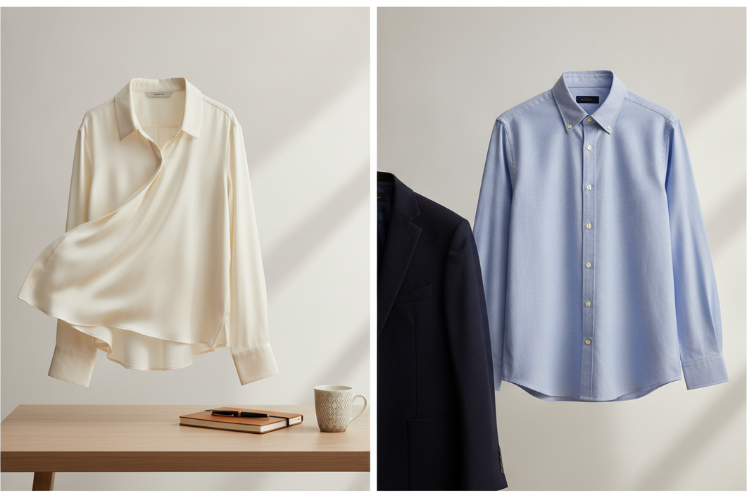 Silk blouse and cotton shirt styled for office wear on a neutral background