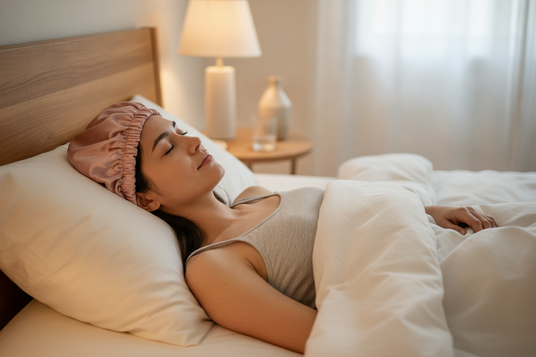 Woman with straight hair wearing a silk bonnet in bed