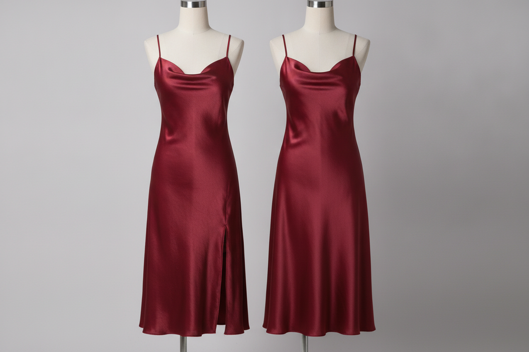 Side-by-side comparison of a silk slip dress and a satin slip dress on neutral backgrounds, highlighting the different sheen and drape.