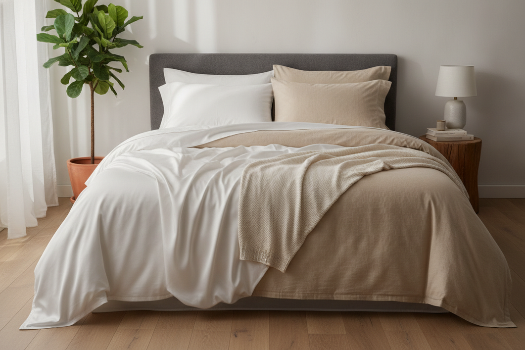 Silk and cotton sheets styled side by side on a made bed