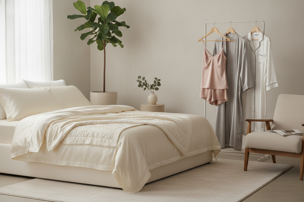 Silk sheets and silk pajamas laid out beside each other on a neatly made bed