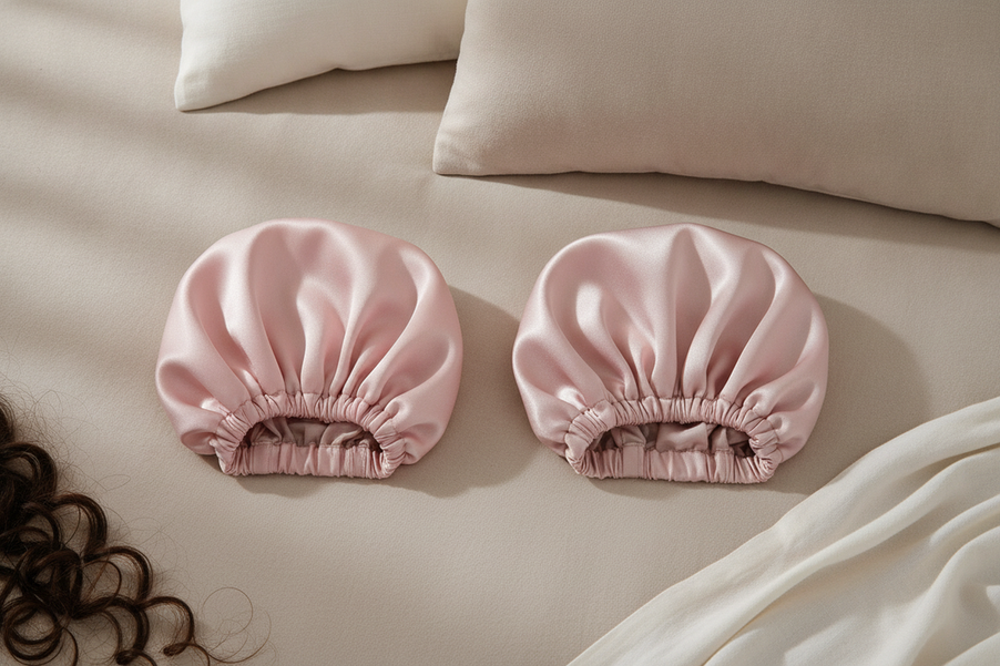 Silk and satin bonnets laid out for curly hair comparison