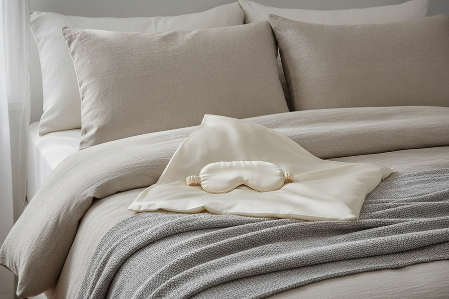 Silk pillowcase and silk eye mask arranged on a softly lit bed