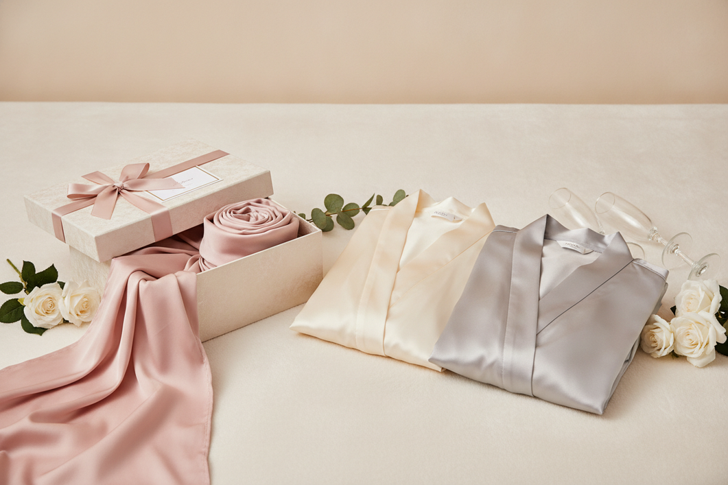 Silk robe gift styled beside a satin robe comparison with a premium gift box