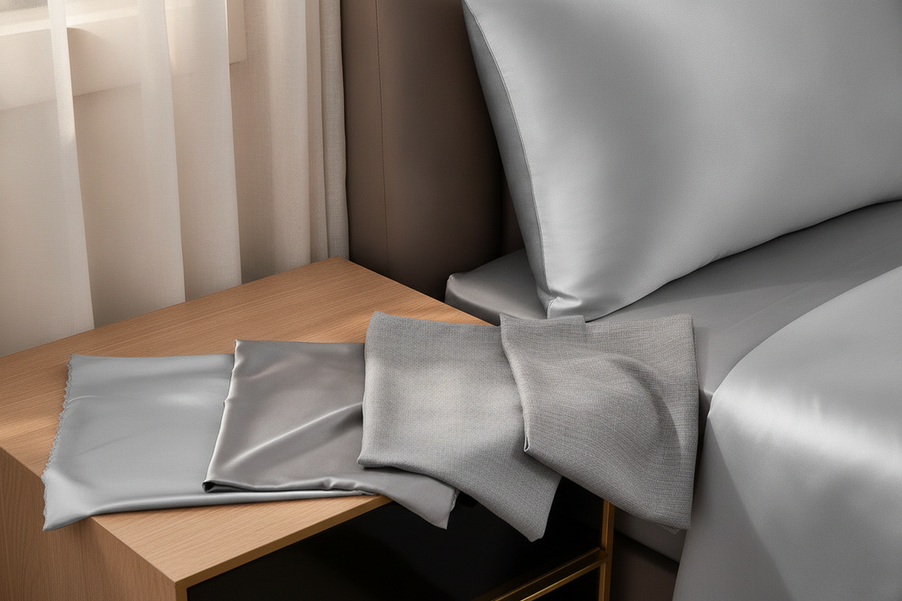 A tidy bedroom scene with silk fabric swatches and a pillowcase arranged for comparing silk with satin, cotton, and bamboo.