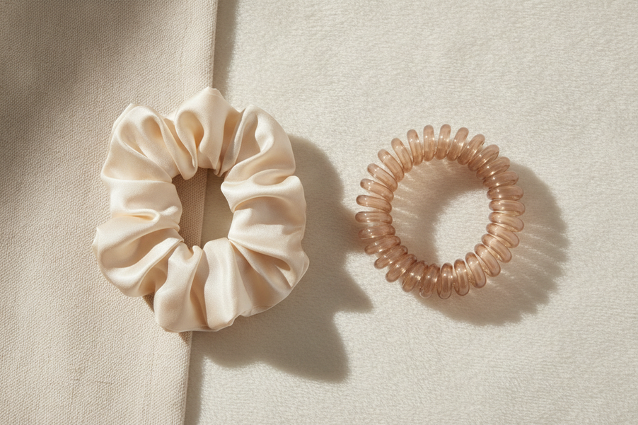 Silk scrunchie and spiral hair tie side by side on a neutral background