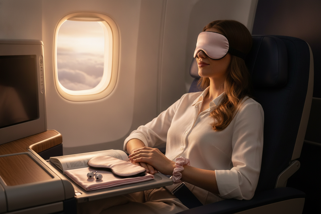 A traveler relaxing in an airplane seat with a silk kit for long-haul comfort.