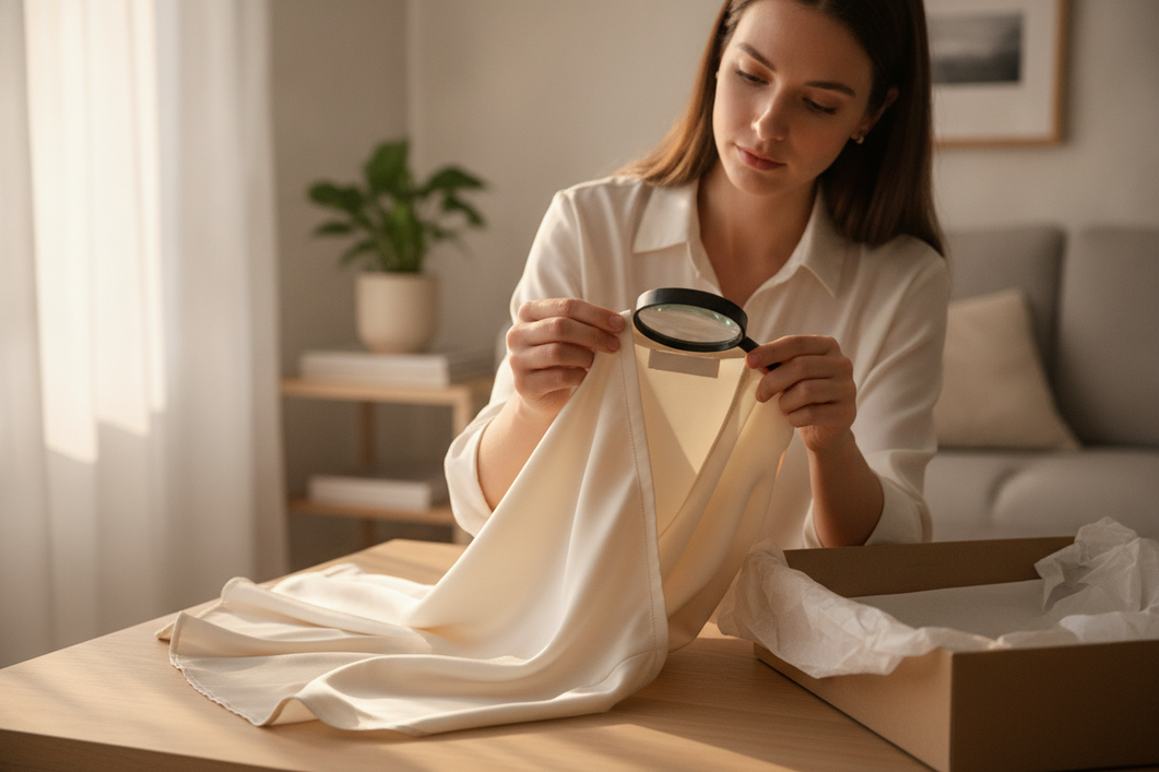 A person inspecting silk fabric and packaging at home, with attention to sheen, seams, and labels.