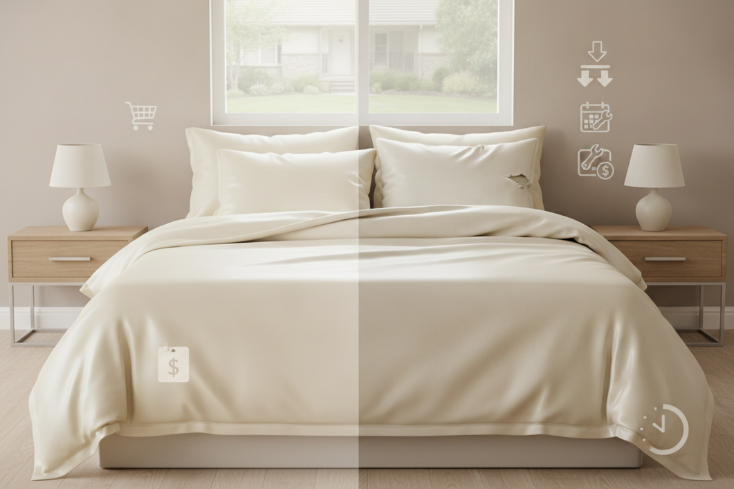 A silk bedding setup with a simple price comparison concept showing that a lower upfront cost can lead to higher long-term care and replacement costs.