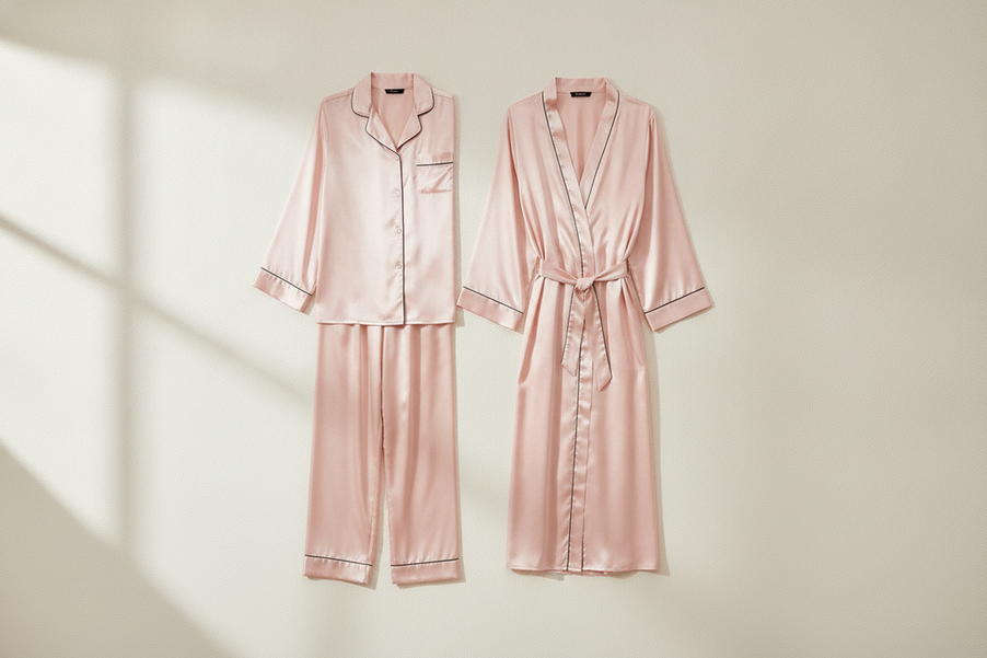 Silk pajama set and silk robe arranged for a first-purchase comparison