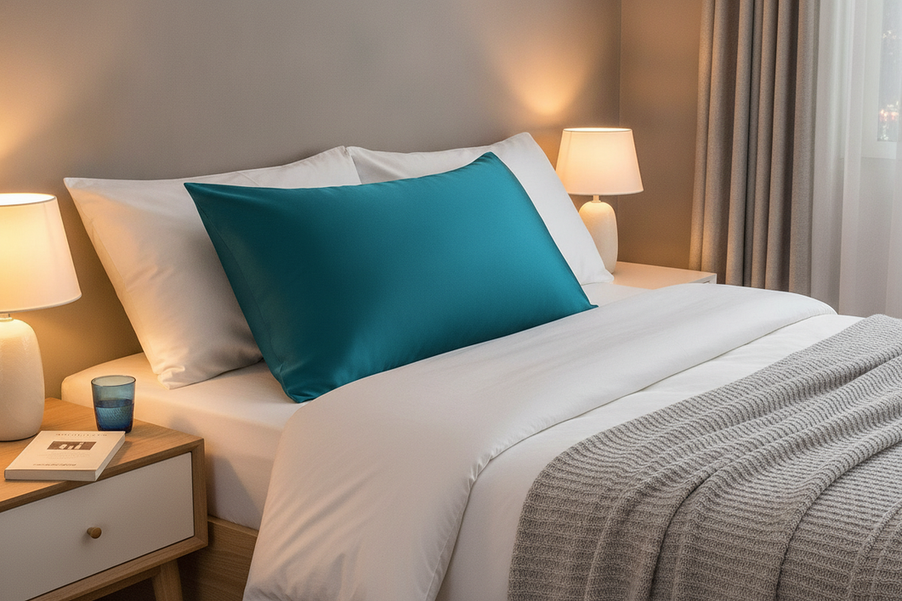 Silk pillowcase on a neatly made bed with soft evening light