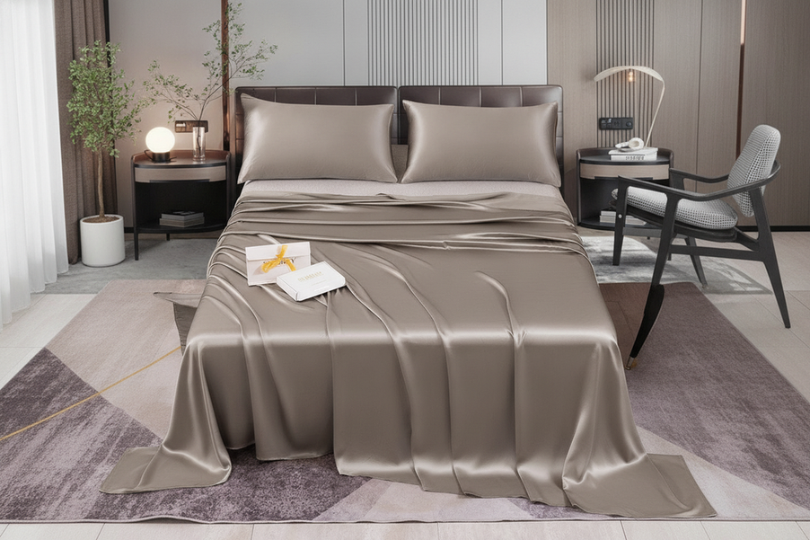 Luxury silk bedding set arranged neatly on a bed in a bright bedroom