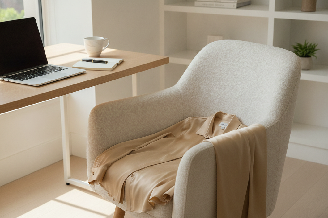Silk home-office loungewear on a desk with a laptop and coffee