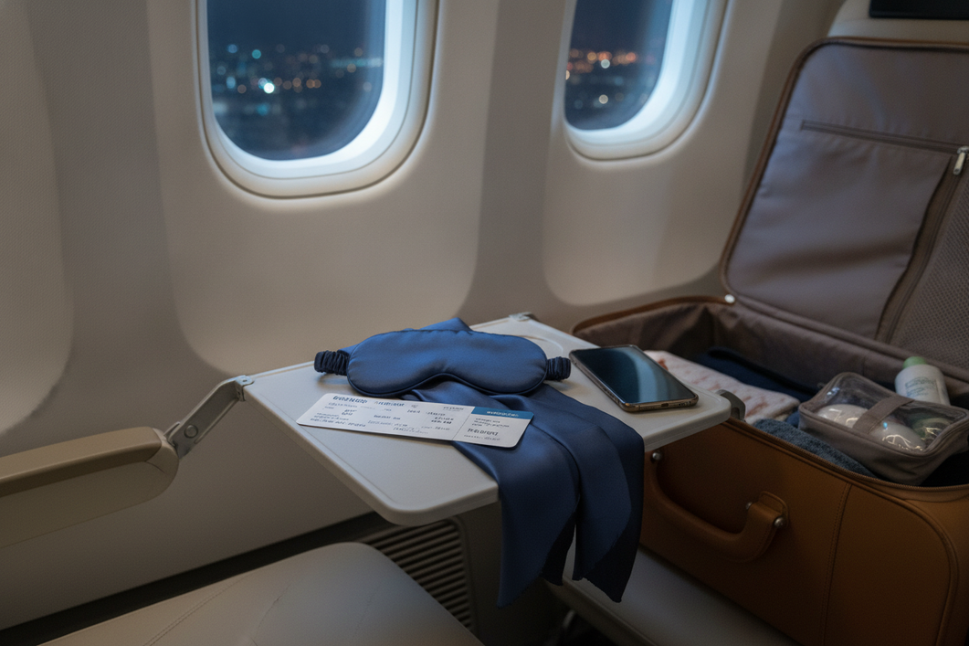 Traveler packing a silk eye mask and silk scarf for a red-eye flight